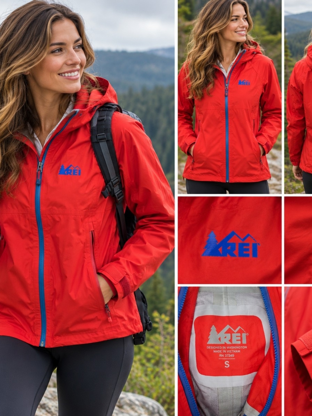REI Women's Bright Red Hooded Shell Jacket with Blue Logo